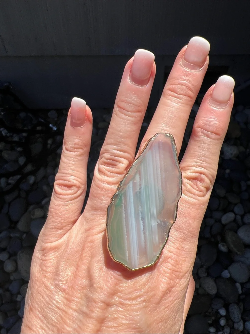 Striped Agate Statement Ring with Gold Edge